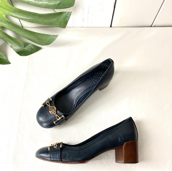 Tory Burch | Shoes | Tory Burch Navy Blue Leather Gold Logo Block Heel | Poshmark